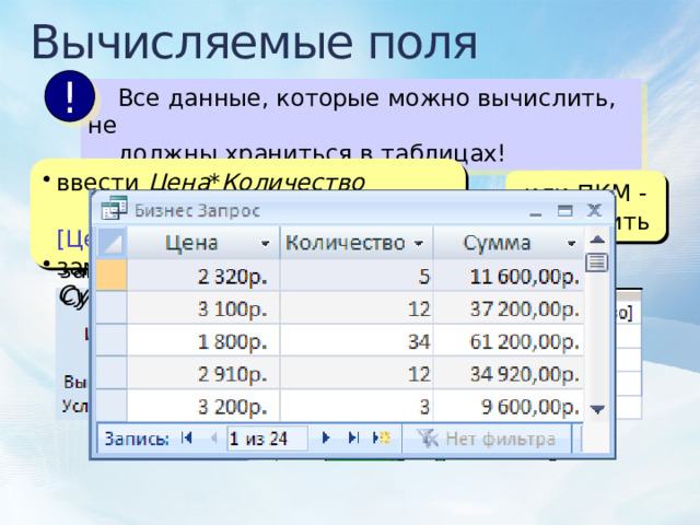 Вычисляемые поля !  Все данные, которые можно вычислить, не  должны храниться в таблицах! ввести Цена * Количество  Выражение1: [Цена]*[Количество] заменить Выражение1 на Сумма или ПКМ - Построить 