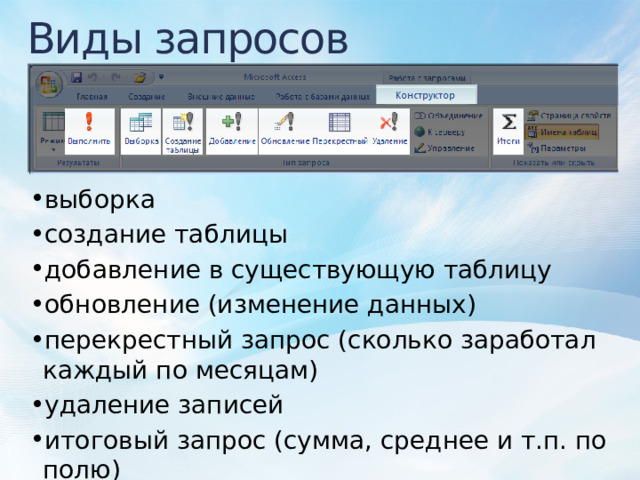 Виды запросов выборка создание таблицы добавление в существующую таблицу обновление (изменение данных) перекрестный запрос (сколько заработал каждый по месяцам) удаление записей итоговый запрос (сумма, среднее и т.п. по полю) 