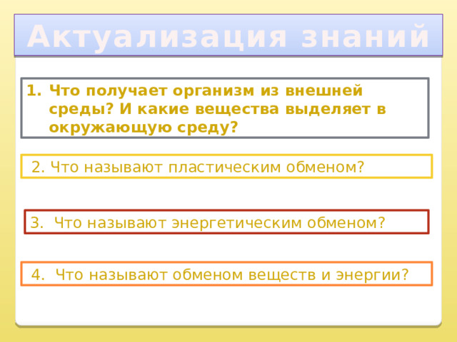 Актуализация знаний Что получает организм из внешней среды? И какие вещества выделяет в окружающую среду?  2. Что называют пластическим обменом? 3. Что называют энергетическим обменом?  4. Что называют обменом веществ и энергии? 