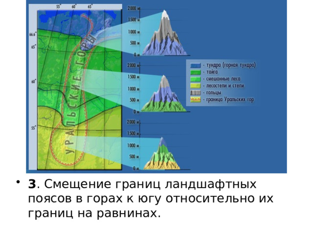 3 . Смещение границ ландшафтных поясов в горах к югу относительно их границ на равнинах. 