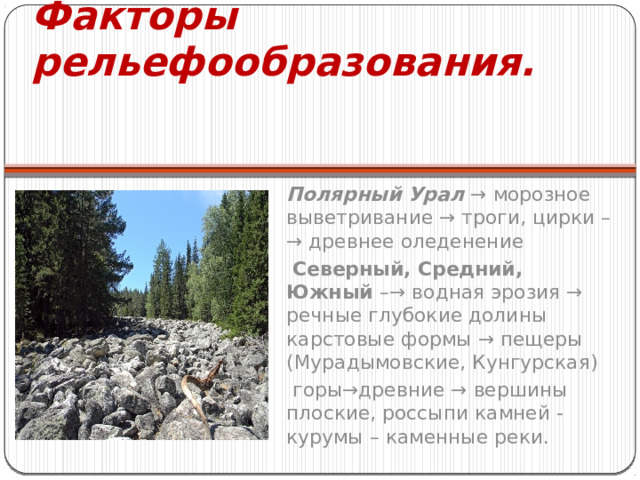 Факторы рельефообразования. Полярный Урал → морозное выветривание → троги, цирки –→ древнее оледенение  Северный, Средний, Южный –→ водная эрозия → речные глубокие долины карстовые формы → пещеры (Мурадымовские, Кунгурская)  горы→древние → вершины плоские, россыпи камней -курумы – каменные реки. 