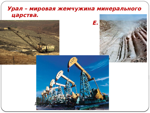 Урал – мировая жемчужина минерального царства.  Е. А. Ферсман Добыча нефти  