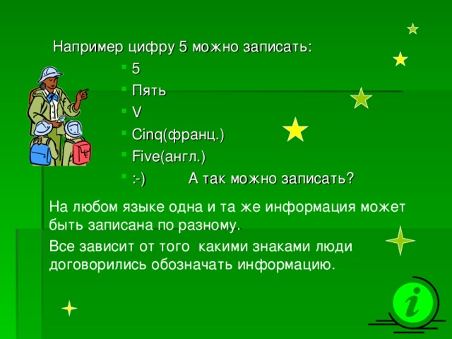 Информация – СВЕДЕНИЯ ОБ ОБЬЕКТАХ И ЯВЛЕНИЯХ ОКРУЖАЮЩЕГО МИРА. Примеры информации: Звуковая Графическая(звуковая) Числовая назад 