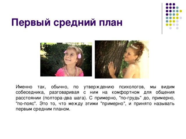 Первый средний план Именно так, обычно, по утверждению психологов, мы видим собеседника, разговаривая с ним на комфортном для общения расстоянии (полтора-два шага). С примерно, 
