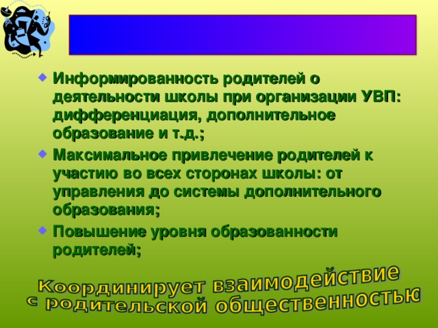 Информированность родителей о деятельности школы при организации УВП: дифференциация, дополнительное образование и т.д.; Максимальное привлечение родителей к участию во всех сторонах школы: от управления до системы дополнительного образования; Повышение уровня образованности родителей; 