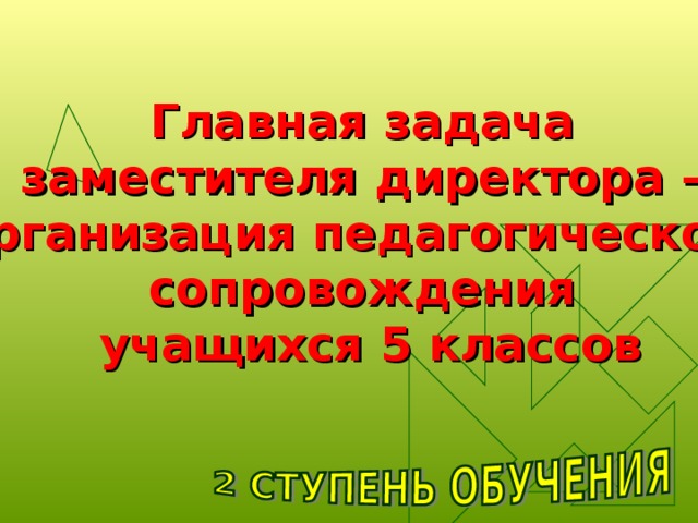 Главная задача заместителя директора – организация педагогического сопровождения учащихся 5 классов 