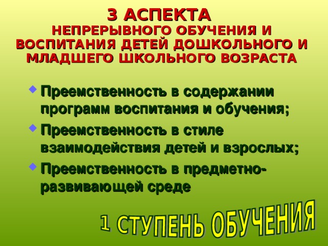 3 АСПЕКТА  НЕПРЕРЫВНОГО ОБУЧЕНИЯ И ВОСПИТАНИЯ ДЕТЕЙ ДОШКОЛЬНОГО И МЛАДШЕГО ШКОЛЬНОГО ВОЗРАСТА Преемственность в содержании программ воспитания и обучения; Преемственность в стиле взаимодействия детей и взрослых; Преемственность в предметно-развивающей среде 