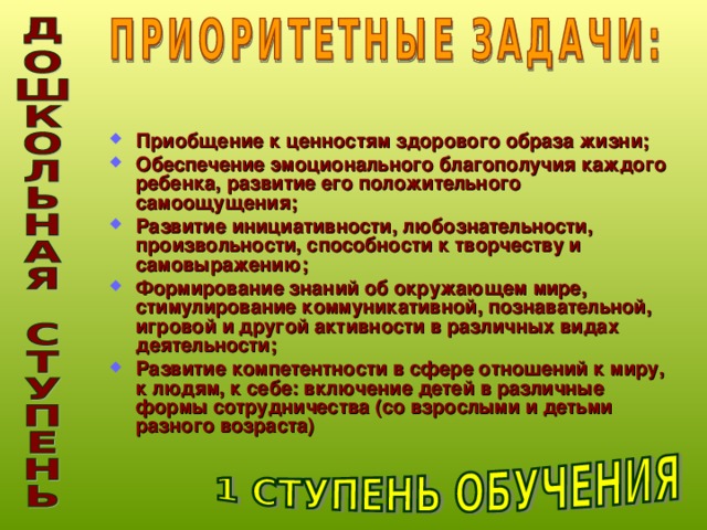 Приобщение к ценностям здорового образа жизни; Обеспечение эмоционального благополучия каждого ребенка, развитие его положительного самоощущения; Развитие инициативности, любознательности, произвольности, способности к творчеству и самовыражению; Формирование знаний об окружающем мире, стимулирование коммуникативной, познавательной, игровой и другой активности в различных видах деятельности; Развитие компетентности в сфере отношений к миру, к людям, к себе: включение детей в различные формы сотрудничества (со взрослыми и детьми разного возраста)  