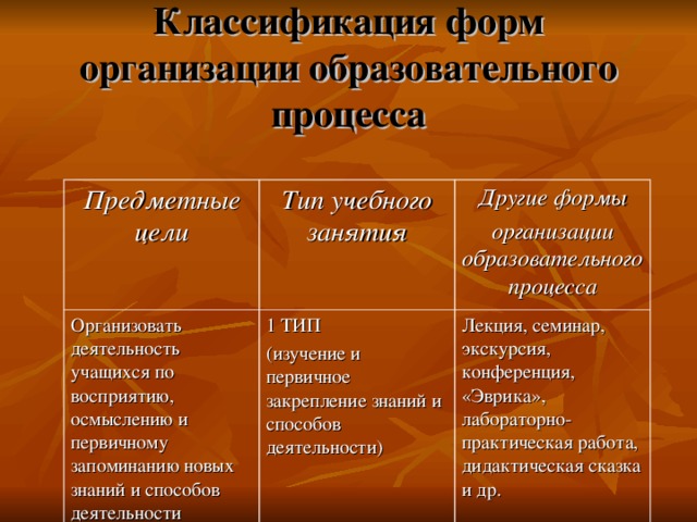 Классификация форм организации образовательного процесса Предметные цели Тип учебного занятия Организовать деятельность учащихся по восприятию, осмыслению и первичному запоминанию новых знаний и способов деятельности Другие формы организации образовательного процесса 1 ТИП (изучение и первичное закрепление знаний и способов деятельности) Лекция, семинар, экскурсия, конференция, «Эврика», лабораторно-практическая работа, дидактическая сказка и др. 