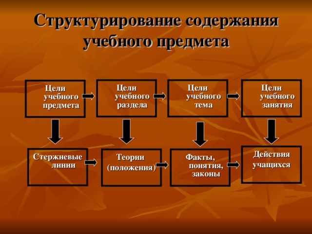 Структурирование содержания учебного предмета Цели учебного раздела Цели учебного тема Цели учебного занятия Цели учебного предмета Действия учащихся Стержневые линии Факты, понятия, законы Теории (положения) 