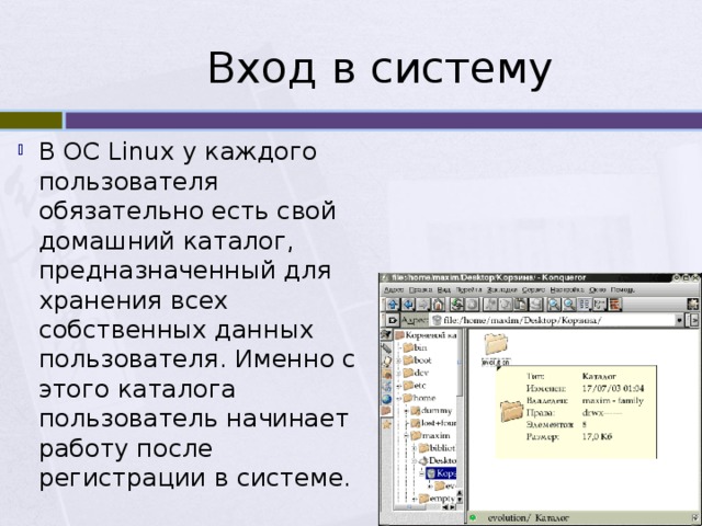 Вход в систему В ОС Linux у каждого пользователя обязательно есть свой домашний каталог, предназначенный для хранения всех собственных данных пользователя. Именно с этого каталога пользователь начинает работу после регистрации в системе. 