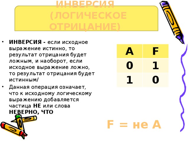 ИНВЕРСИЯ  (ЛОГИЧЕСКОЕ ОТРИЦАНИЕ) ИНВЕРСИЯ - если исходное выражение истинно, то результат отрицания будет ложным, и наоборот, если исходное выражение ложно, то результат отрицания будет истинным/ Данная операция означает, что к исходному логическому выражению добавляется частица НЕ или слова НЕВЕРНО, ЧТО A F 0 1 1 0 F = не А 