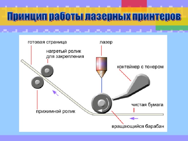 В лазерном принтере изображение строится на вращающемся барабане при помощи лазерного луча. На барабан наносится тонер – красящая пыль, изображение переносится на бумагу и закрепляется нагретым роликом. Лазерные принтеры обеспечивают самую высокую скорость печати (до 20 страниц в минуту) и типографическое качество печати. К их недостаткам следует отнести большой расход электроэнергии. Кроме того, их не рекомендуется использовать в квартире из-за большого количества озона, который выделяется во время работы, что вредно для здоровья. http://www.ok24it.ru/hardware/peripherals/printers.html - текст  