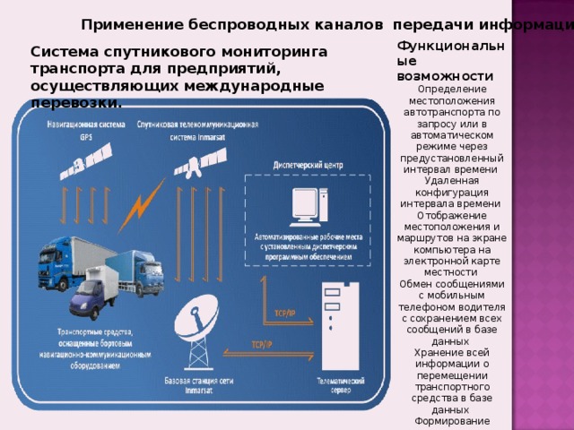 Применение беспроводных каналов передачи информации. Функциональные возможности Определение местоположения автотранспорта по запросу или в автоматическом режиме через предустановленный интервал времени Удаленная конфигурация интервала времени Отображение местоположения и маршрутов на экране компьютера на электронной карте местности Обмен сообщениями с мобильным телефоном водителя с сохранением всех сообщений в базе данных Хранение всей информации о перемещении транспортного средства в базе данных Формирование различных отчетов из базы данных   Система спутникового мониторинга транспорта для предприятий, осуществляющих международные перевозки. 