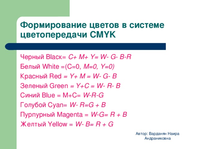 Формирование цветов в системе цветопередачи CMYK Черный  В l аск= С+ М+ Y = W - G - В- R Белый White =(C=0, M=0, Y=0) Красный Red = Y+ M = W- G- В Зеленый Green = Y+C = W- R- В Синий Blue = M+C= W-R-G Голубой Cyan= W- R=G + В Пурпурный Magenta = W-G= R + В Желтый Yellow = W- B= R + G Автор: Варданян Наира Андраниковна 