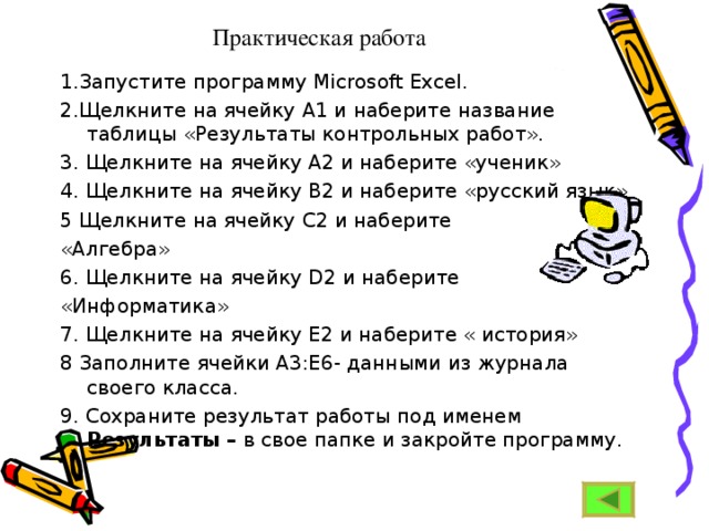 Практическая работа 1.Запустите программу Microsoft Excel. 2.Щелкните на ячейку А1 и наберите название таблицы «Результаты контрольных работ». 3. Щелкните на ячейку А2 и наберите «ученик» 4. Щелкните на ячейку В2 и наберите «русский язык» 5 Щелкните на ячейку С2 и наберите «Алгебра» 6. Щелкните на ячейку D 2 и наберите «Информатика» 7. Щелкните на ячейку E 2 и наберите « история» 8 Заполните ячейки А3:Е6- данными из журнала своего класса. 9. Сохраните результат работы под именем Результаты – в свое папке и закройте программу. 