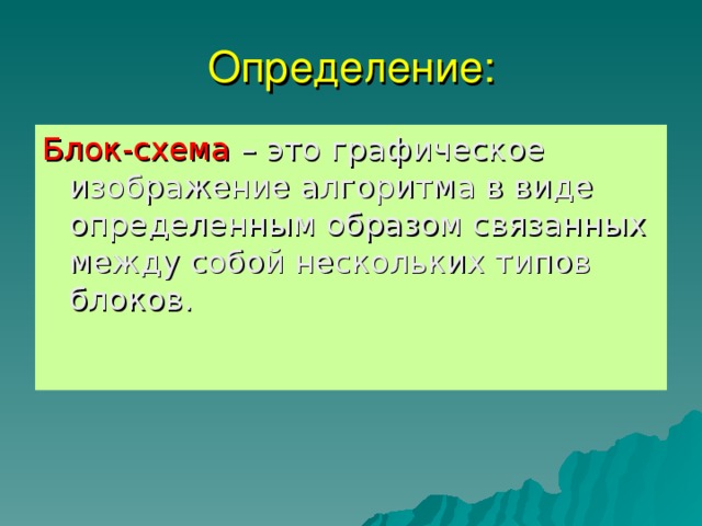 Определение: Блок-схема  – это графическое изображение алгоритма в виде определенным образом связанных между собой нескольких типов блоков. 