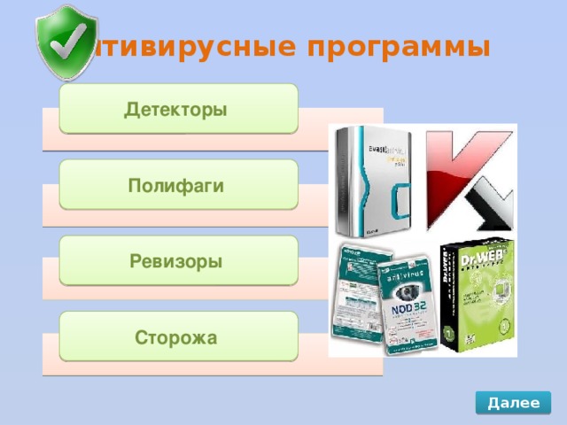 Антивирусные программы Детекторы Полифаги Ревизоры Сторожа Далее 
