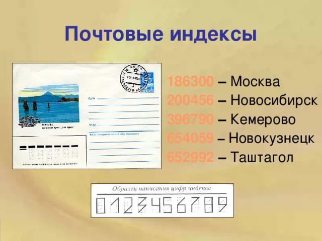 Почтовые индексы 186300 – Москва  200456 – Новосибирск 396790  – Кемерово 654059 – Новокузнецк 652992 – Таштагол 