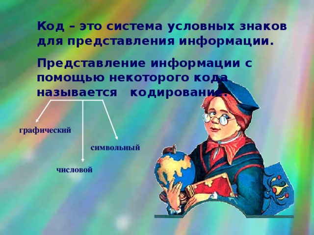 Код – это система условных знаков для представления информации. Представление информации с помощью некоторого кода называется кодирование. графический символьный числовой 