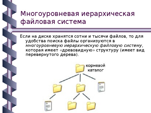 Многоуровневая иерархическая файловая система Если на диске хранятся сотни и тысячи файлов, то для удобства поиска файлы организуются в многоуровневую иерархическую файловую систему , которая имеет «древовидную» структуру (имеет вид перевернутого дерева). 