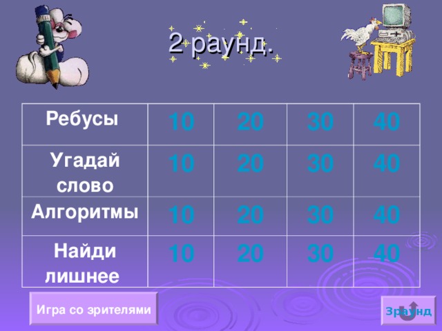 Ребусы 10 Угадай слово Алгоритмы 20 10 10 30 Найди лишнее 20 30 20 10 40 30 40 20 40 30 40 Игра со зрителями 3раунд 