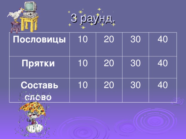Пословицы 10 Прятки 20 10 Составь слово 30 10 20 40 20 30 30 40 40 
