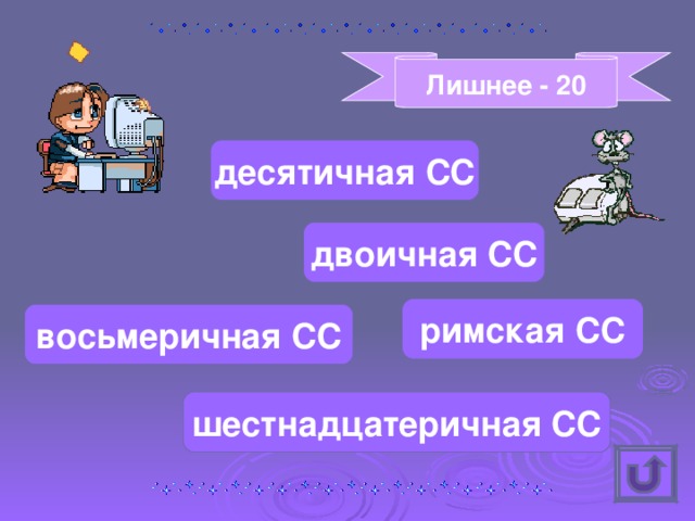 Лишнее - 20 десятичная СС двоичная СС римская СС восьмеричная СС шестнадцатеричная СС 