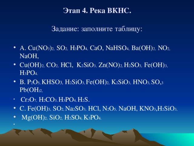 Этап 4. Река ВКНС.     Задание: заполните таблицу:      А . Cu(NO 3 ) 2, SO 2, H 3 PO 4, CaO, NaHSO 4, Ba(OH) 2, NO 2, NaOH, Cu(OH) 2, CO 2, HCl, K 2 SiO 3, Zn(NO) 2, H 2 SO 3, Fe(OH) 3, H 3 PO 4. В . Р 2 О 5, KHSO 3, H 2 SiO 3, Fe(OH) 2, K 2 SiO 3, HNO 3, SO, 3 Pb(OH )2,  Cr 2 O 7, H 2 CO 3, H 3 PO 4, H 2 S. С . Fe(OH) 3, SO 2, Na 2 SO 3, HCl, N 2 O 5, NaOH, KNO 3 ,H 2 SiO 3,  Mg(OH) 2, SiO 2, H 2 SO 4, K 3 PO 4.   