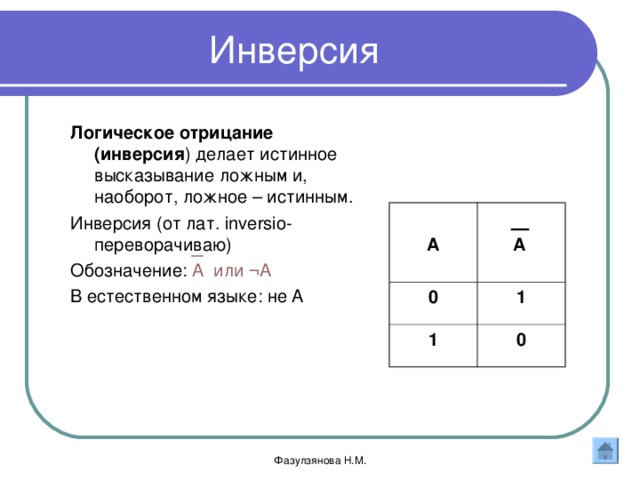 Инверсия Логическое отрицание (инверсия ) делает истинное высказывание ложным и, наоборот, ложное – истинным. Инверсия (от лат .  inversio -переворачиваю) Обозначение: А или ¬ А В естественном языке: не А    А 0  А  1 1 0 Фазулзянова Н.М. 