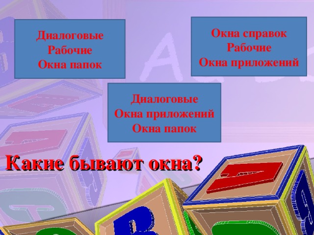 Окна справок Рабочие Окна приложений Диалоговые Рабочие Окна папок Диалоговые Окна приложений Окна папок Какие бывают окна? 