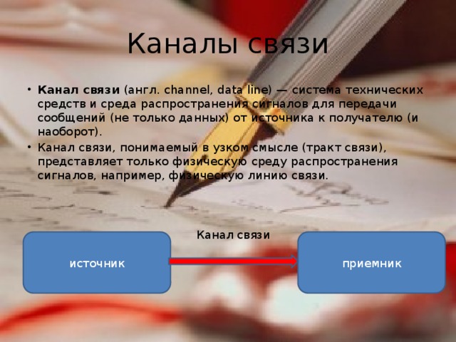 Каналы связи Канал связи (англ. channel, data line) — система технических средств и среда распространения сигналов для передачи сообщений (не только данных) от источника к получателю (и наоборот). Канал связи, понимаемый в узком смысле (тракт связи), представляет только физическую среду распространения сигналов, например, физическую линию связи. Канал связи источник приемник 