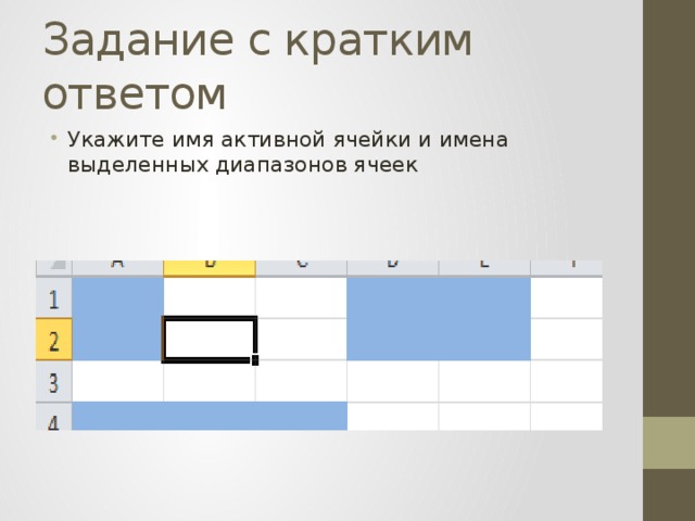 Задание с кратким ответом Укажите имя активной ячейки и имена выделенных диапазонов ячеек 