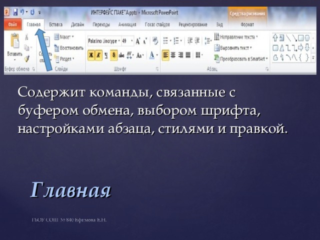 Содержит команды, связанные с буфером обмена, выбором шрифта, настройками абзаца, стилями и правкой. Главная 