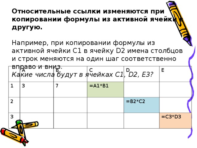 Относительные ссылки изменяются при копировании формулы из активной ячейки в другую.     Например, при копировании формулы из активной ячейки С1 в ячейку D 2 имена столбцов и строк меняются на один шаг соответственно вправо и вниз.  Какие числа будут в ячейках С1, D 2, Е3?   1 A 2 B 3 C 7 3 D =A1*B1 E =B2*C2 =C3*D3 