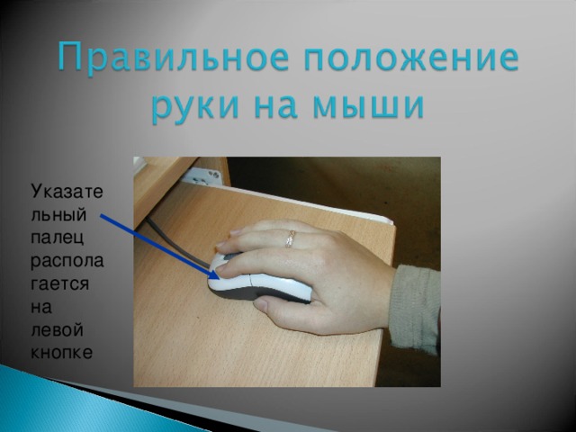 Указательный палец располагается на левой кнопке  