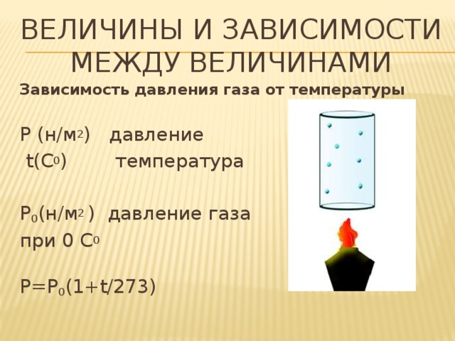 Величины и зависимости между величинами Зависимость давления газа от температуры  Р (н/м 2 ) давление  t(C 0 ) температура Р 0 (н/м 2 ) давление газа при 0 С 0 Р=Р 0 (1+t/273) 