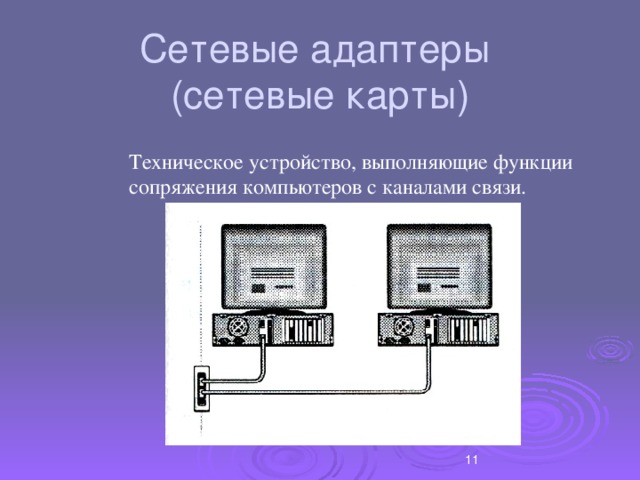 Сетевые адаптеры  (сетевые карты) Техническое устройство, выполняющие функции сопряжения компьютеров с каналами связи.  