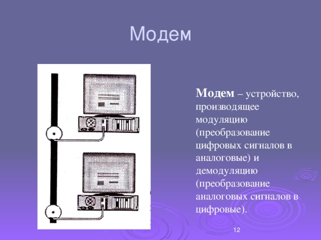 Модем Модем – устройство, производящее модуляцию (преобразование цифровых сигналов в аналоговые) и демодуляцию (преобразование аналоговых сигналов в цифровые).  