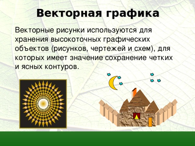 Векторная графика Векторные рисунки используются для хранения высокоточных графических объектов (рисунков, чертежей и схем), для которых имеет значение сохранение четких и ясных контуров. 