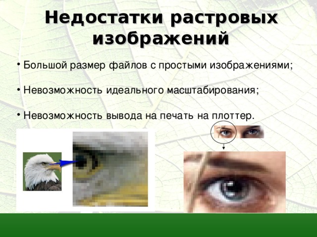 Недостатки растровых изображений  Большой размер файлов с простыми изображениями;  Невозможность идеального масштабирования;  Невозможность вывода на печать на плоттер. 