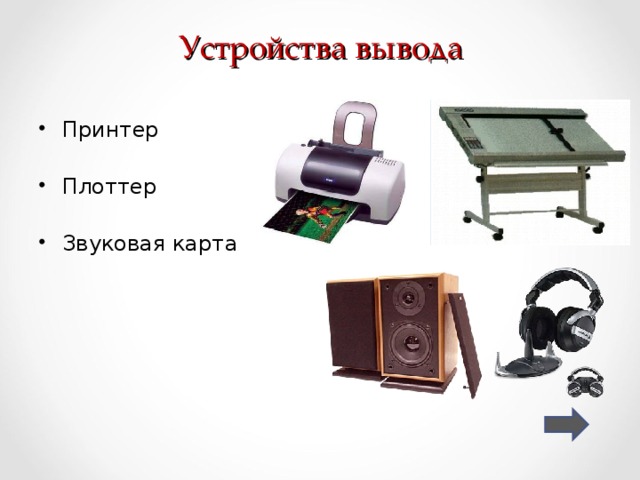 Устройства вывода Принтер Плоттер Звуковая карта 