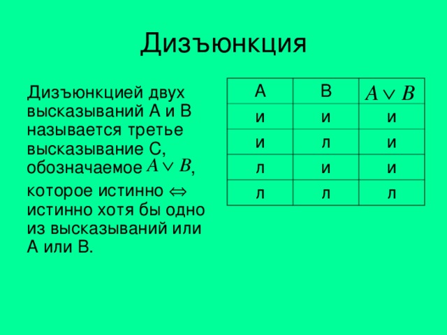 Дизъюнкция Дизъюнкцией двух высказываний А и В называется третье высказывание С, обозначаемое , которое истинно  истинно хотя бы одно из высказываний или А или В. A B и и и л и л л и и л и л 