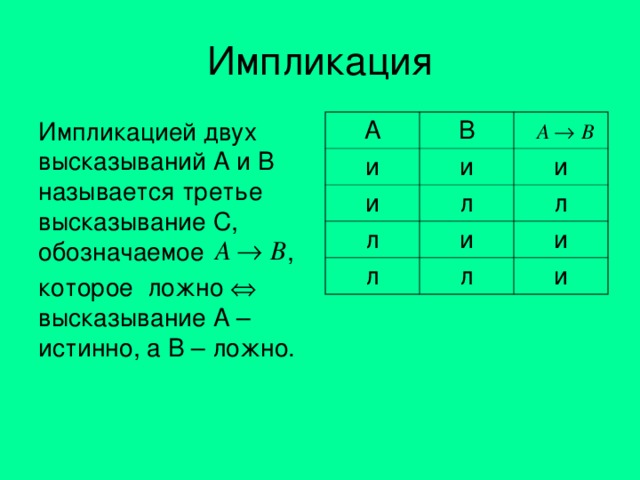 Импликация Импликацией двух высказываний А и В называется третье высказывание С, обозначаемое  , которое ложно  высказывание А – истинно, а В – ложно. A B и и и л и л л л и л и и 