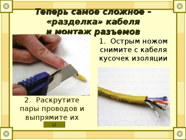 Теперь самое сложное – «разделка» кабеля  и монтаж разъемов 1. Острым ножом снимите с кабеля кусочек изоляции 2. Раскрутите пары проводов и выпрямите их 