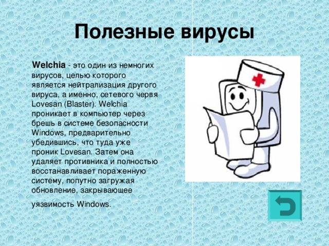 Полезные вирусы  Welchia - это один из немногих вирусов, целью которого является нейтрализация другого вируса, а именно, сетевого червя Lovesan (Blaster). Welchia проникает в компьютер через брешь в системе безопасности Windows, предварительно убедившись, что туда уже проник Lovesan. Затем она удаляет противника и полностью восстанавливает пораженную систему, попутно загружая обновление, закрывающее уязвимость Windows.  