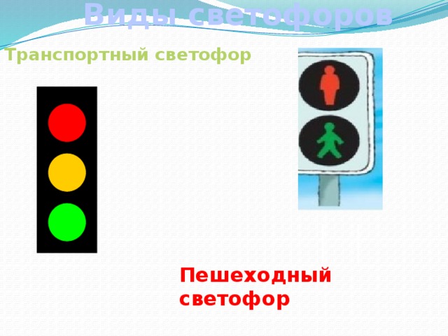 Виды светофоров Транспортный светофор Пешеходный светофор 