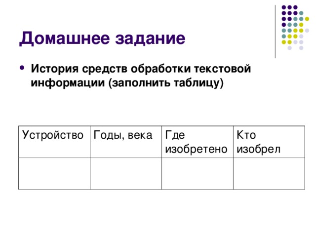 История средств обработки текстовой информации (заполнить таблицу)  Устройство Годы, века Где изобретено Кто изобрел 