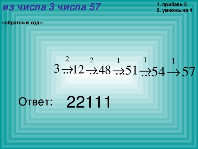 из числа 3 числа 57 1. прибавь 3 2. умножь на 4 «обратный ход»: 22111 22111 Ответ: Ответ: очевидно, что последней командой не может быть умножение на 4 (57 на 4 не делится), поэтому последняя команда – сложение ( прибавь 3 ), над стрелкой записан номер команды: число 54 также не делится на 4, поэтому предыдущая команда – тоже сложение  