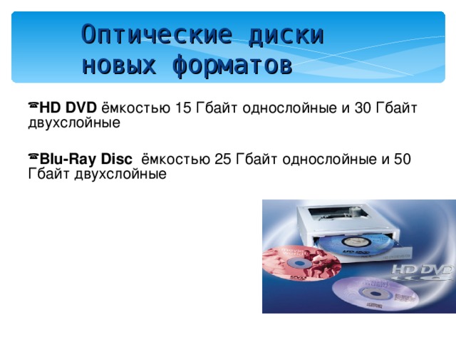 Оптические диски новых форматов HD DVD ёмкостью 15 Гбайт однослойные и 30 Гбайт двухслойные Blu-Ray Disc  ёмкостью 25 Гбайт однослойные и 50 Гбайт двухслойные 